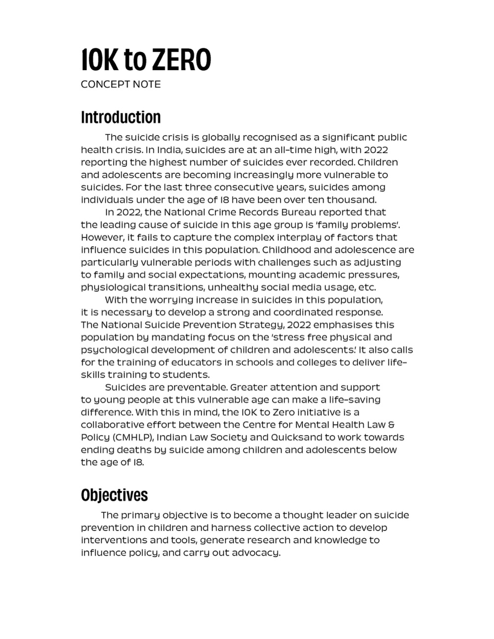 First page of the 10K2Zero concept note